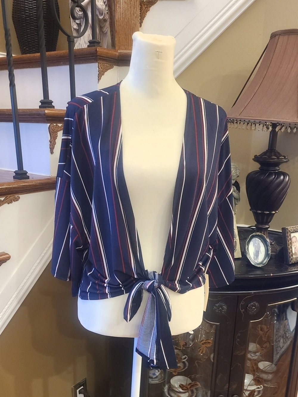 Striped Tie-Front Blouse - Navy
